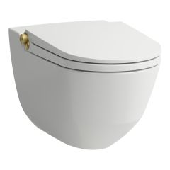 LAUFEN CLEANET RIVA Závesné WC rimless so zabudovanou bidetovou spŕškou, WC sedadlo s poklopom so spomaľovacím mechanizmom, diaľkový ovládač, LCC biela so zlatou matnou 402, 600x395 mm, H8206914020001