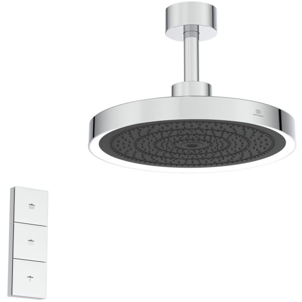 IDEALRAIN SOLOS 3-funkčná hlavová sprcha Ø 330 mm s LED svetlom, s diaľkovým ovládaním, so stropným pripojením, farba povrchu chróm,A7891AA