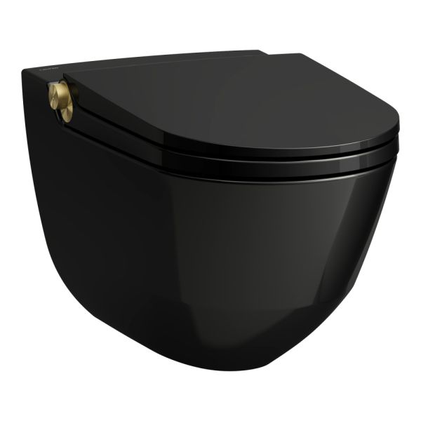 LAUFEN CLEANET RIVA Závesné WC rimless so zabudovanou bidetovou spŕškou, WC sedadlo s poklopom so spomaľovacím mechanizmom, diaľkový ovládač, Čierna lesklá so zlatou matnou 023, 600x395 mm, H8206910230001