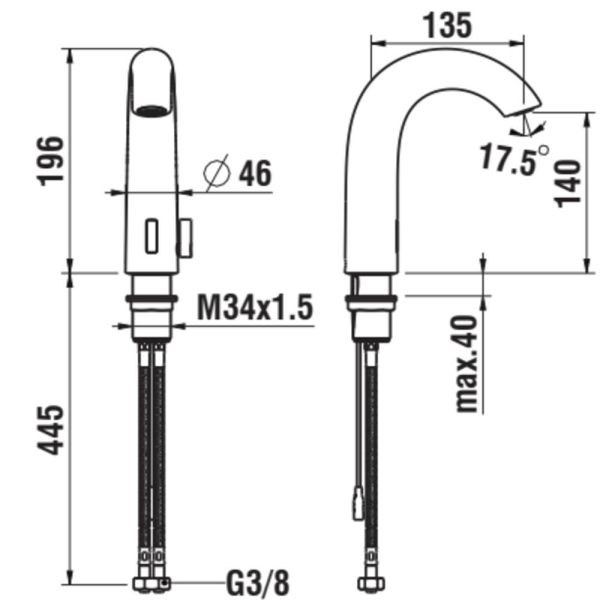 LAUFEN CURVETRONIC Elektronická umývadlová batéria s IR-Senzorom, výtok 135 mm napájanie: zo siete 230 V, s Bluetooth modulom, PVD titán čierný mat 428, HF707153428000