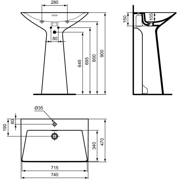 TIPO-Z Umývadlo voľne stojacie freestanding 74x47 cm, s jedným otvorom pre batériu, T4425V2