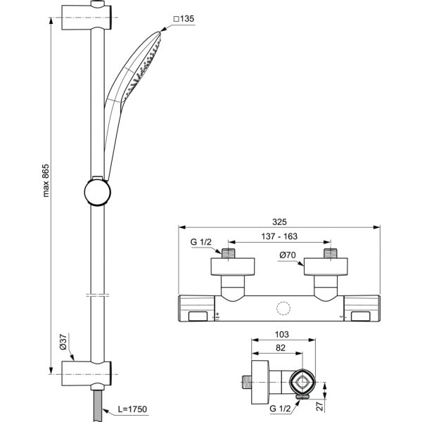CERATHERM T100 Sprchová nástenná termostatická batéria, so sprcovou kombináciou tyč 90 cm, A7235AA