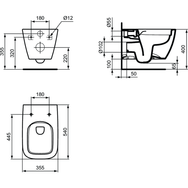 I.LIFE B WC závesné hranaté RIMLESS+ 54x36 cm, T461401